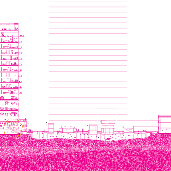 Layer Magenta, representing rising sea level: 5’ in Edgewater, Miami