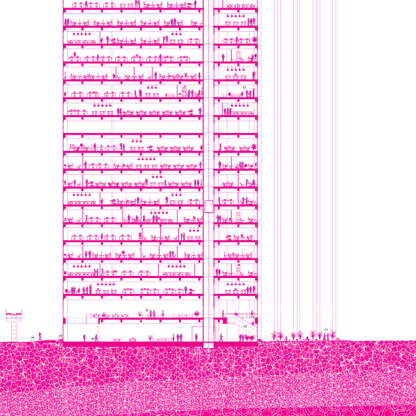 Layer Magenta, representing rising sea level: 5’ in Edgewater, Miami